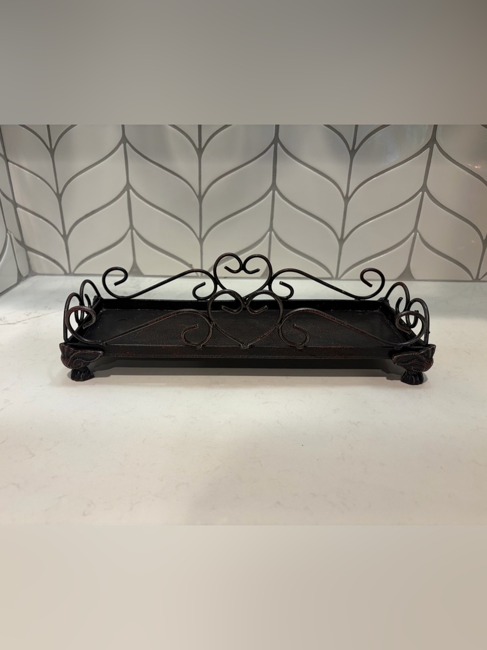 Decorative Iron Scroll Tray in Rustic Brown